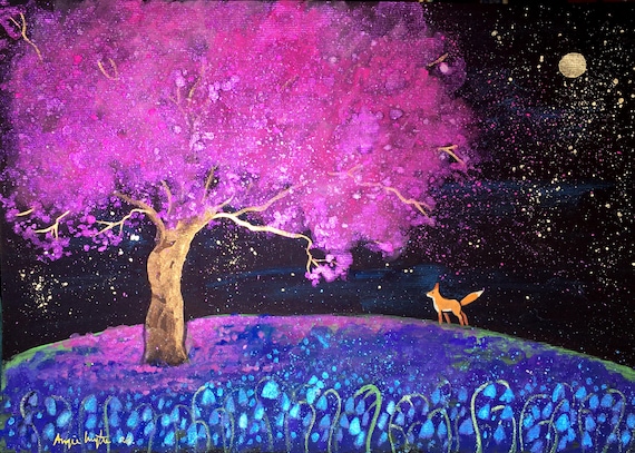 Blossom and Bluebells, A4 Print, Spring Blossom, Bluebell Wood, Fox