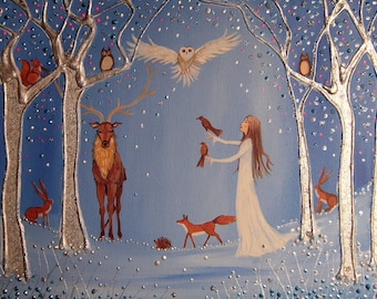 Goddess Art - Winter Goddess Print - Mystical Forest Goddess - Woodland Animals - Pagan - Wiccan