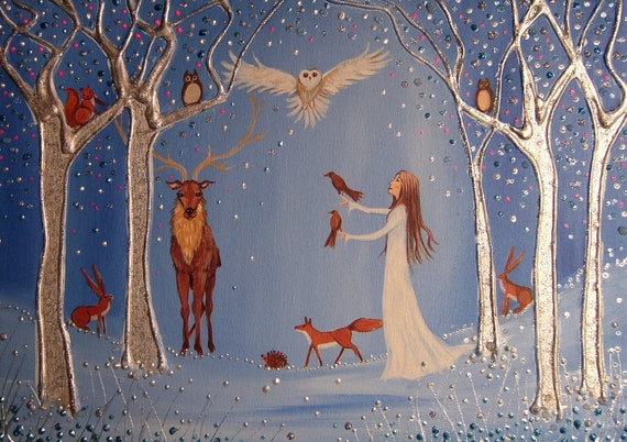 Goddess Art - Winter Goddess Print - Mystical Forest Goddess - Woodland Animals - Pagan - Wiccan