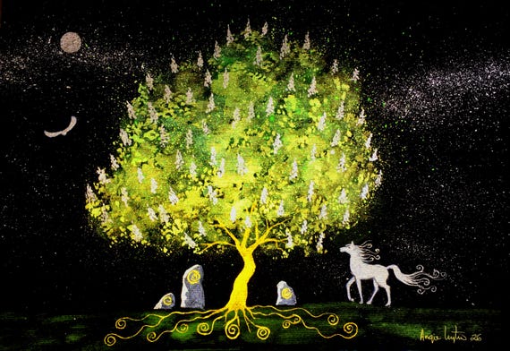 The Horse Chestnut Tree, Original Painting, White Horse, Standing Stones