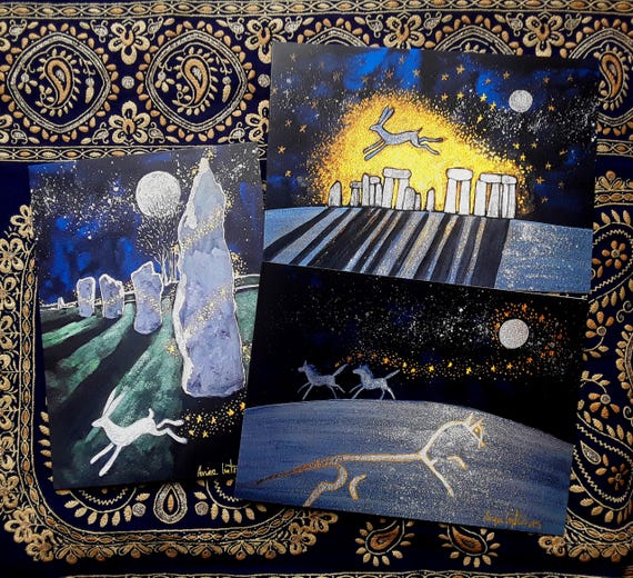 Set of three Art Cards, Stonehenge, Avebury, Uffington White Horse, Mystical Cards, Pagan