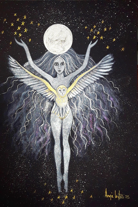 The Soaring of the Moon Goddess, Goddess print, Owl, Moon, Pagan, Mystical, A4 Print