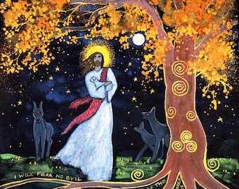 Pode incluir: Uma pintura retratando uma figura em uma túnica branca com uma faixa vermelha e um halo amarelo, segurando um pequeno animal branco. Ao lado de uma grande árvore com folhas laranja e raízes douradas em espiral, três lobos escuros estão sob um céu estrelado.