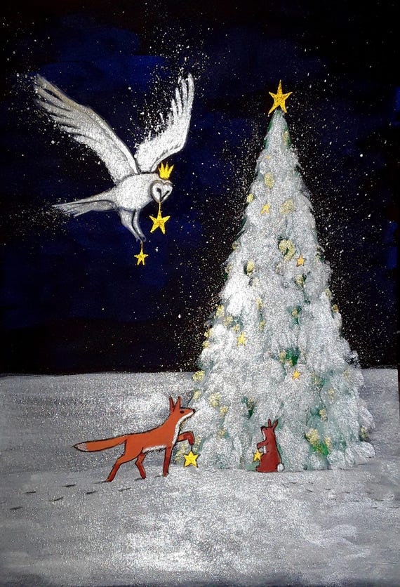 Decorating the Yule Tree,  Original Painting, Owl, Fox, Rabbit, Mystical Art, Yule,  Pagan