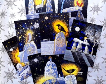 Spirit Animal Print Set, A6 Postcard Prints, Mystical Animals, Standing Stones