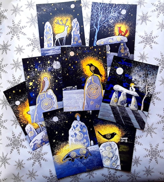 Spirit Animal Print Set, A6 Postcard Prints, Mystical Animals, Standing Stones