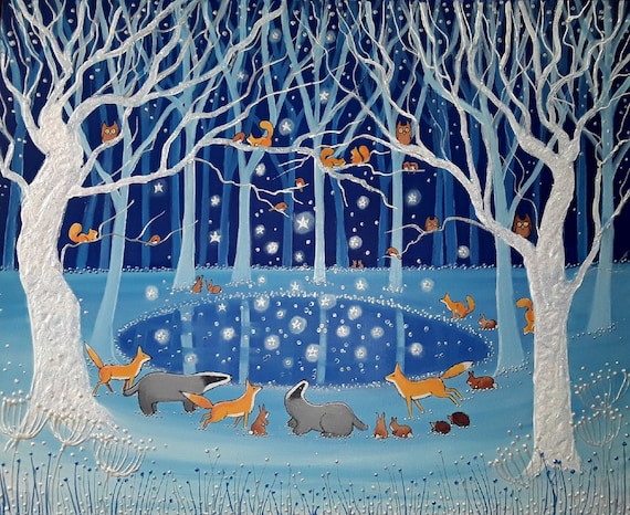 Mystical Pool Art Print - Fox and Badger - Winter Pool Print - A4 Woodland Print