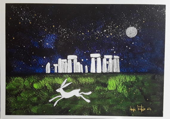 Spirit of Stonehenge, white hare, stonehenge, stone circle, standing stones, mystical print
