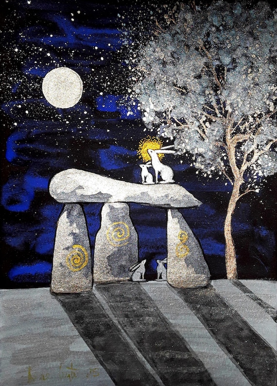 The Hare Queen, A5 Print, Hare and Leverets, Standing Stones, Dolmen, Dreamy Art, White Hare
