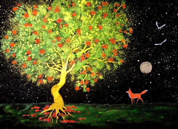 The Old Rowan Tree, A4 Print, Fox, Rowan, Mystical Art,