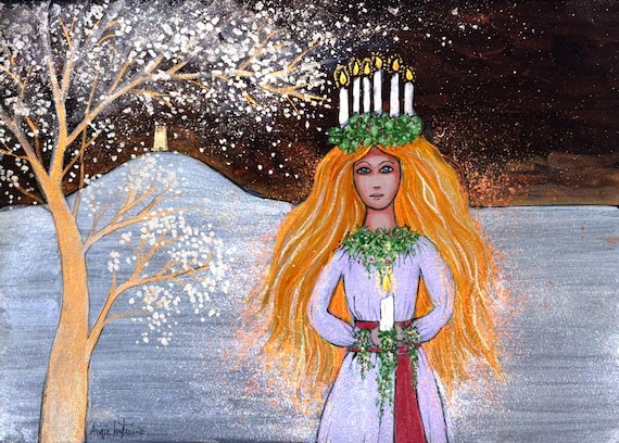 Santa Lucia, Original Painting, Yule Goddess, Christmas