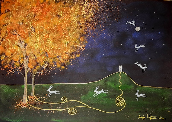 Avalon, Glastonbury Tor, Mystical Print, Pagan, White Hare