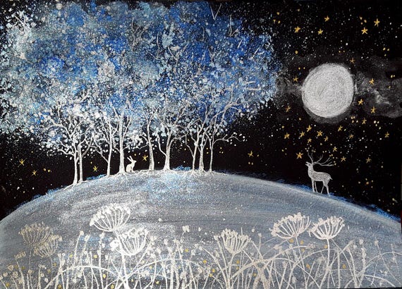 Enchanted Winter, Winter Print, Mystical, White hares, White Stag