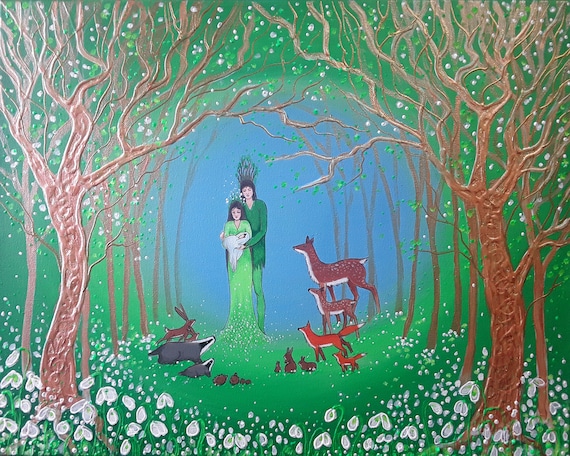 Spring God and Goddess - Mystical Spring - Snowdrops - Woodland Animals - Mystical Print