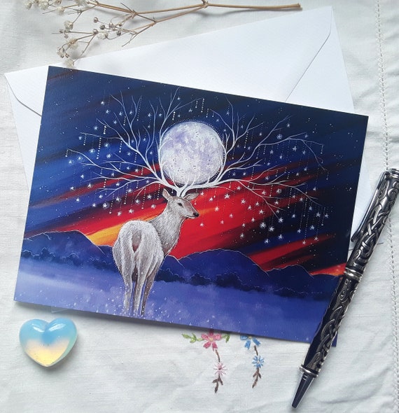 Mystical Stag Card - Stag and Moon - Stag Art - Pagan - Wiccan