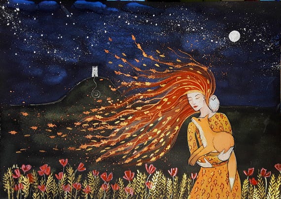 Lammas Goddess, Goddess print, Avalon, Glastonbury Tor, Autumn, Fall, Mystical Print