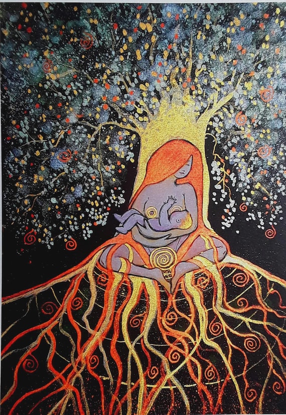 Earth Mother, A5 print, Tree of Life, Mother and Baby, Breastfeeding, Mother Earth