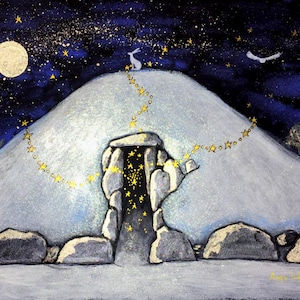 May include: An illustration of a nighttime scene featuring a large, light-colored mound with a stone entrance. A rabbit sits atop the mound, connected by a string of stars to the entrance. The night sky is dark blue with a full moon and scattered stars.