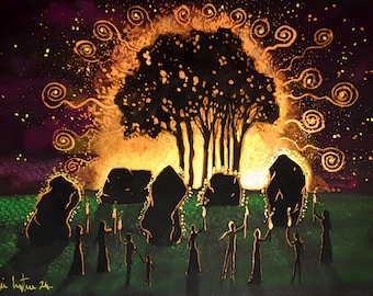 Könnte beinhalten: Ein Aquarellbild, das eine Gruppe von Menschen zeigt, die um einen Kreis aus stehenden Steinen versammelt sind. Die Steine werden von einem goldenen Licht beleuchtet, das von einem Baum in der Mitte des Kreises ausgeht. Der Himmel ist dunkelviolett mit goldenen Wirbeln.