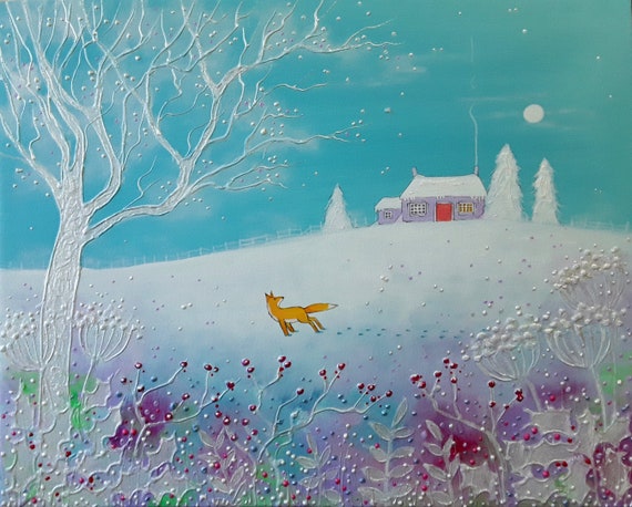 Fox Painting - Winter Fox - Mystical Winter - Snow Scene - Winter Cottage - Original Painting