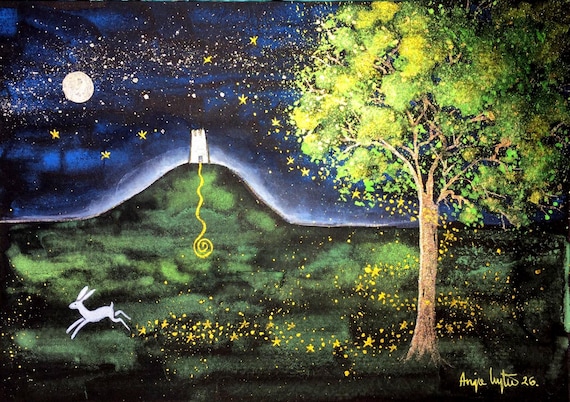 Golden Avalon, A5 print, Glastonbury Tor, White Hare, Mystical