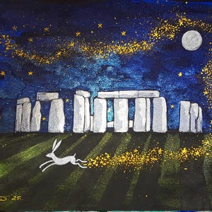 May include: An artistic painting depicts Stonehenge under a starry night sky. A white rabbit runs across the green field, leaving a trail of golden stars. The moon shines brightly above the ancient stones.