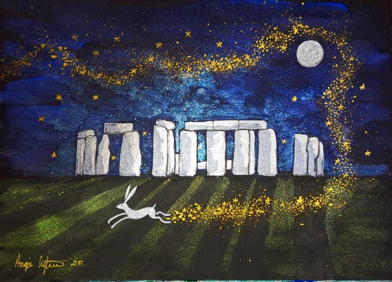 Stonehenge Solstice Eve , A4 Print, Summer Solstice, Stonehenge, Pagan, Druid, Hare