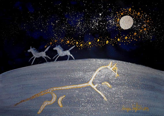 Uffington White Horse, White Horse Print, Chalk Horse, A5 Small print, Mystical Art, Winter Art
