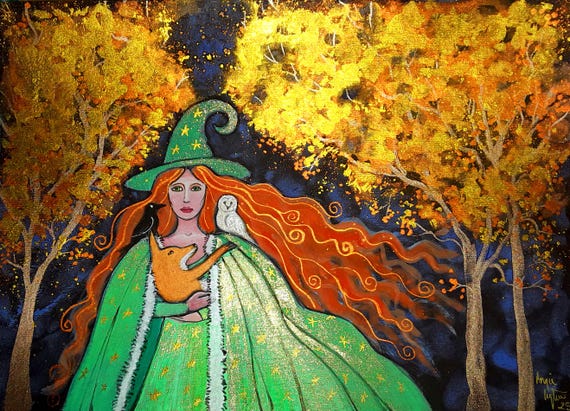The Forest Witch, Witch, Witch Print, Pagan, Wiccan, fox, owl, raven