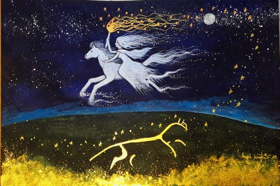 Golden Light of Uffington, Goddess Print, Large A3 Print, Uffington White Horse, A3 Print, Mystical,