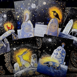 Sechs Kunstkarten, Kunstkarten, Tiergeistkarten, Mystisch, Pagan, Blanko-Karten, Tierkönige, stehende Steine