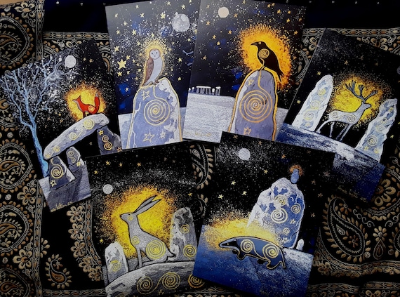 Six Art Cards, Animal Spirit Cards, Mystical, Pagan, Blank Cards, Animal Kings, Standing Stones