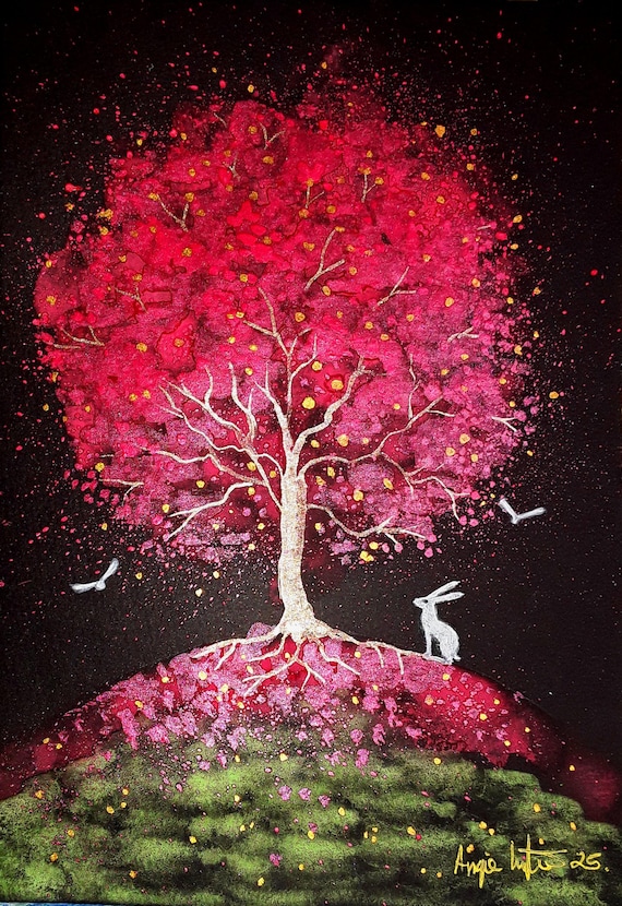 Little Crimson Tree, A5 Print, Red Tree, Dreamy Art, White Hare
