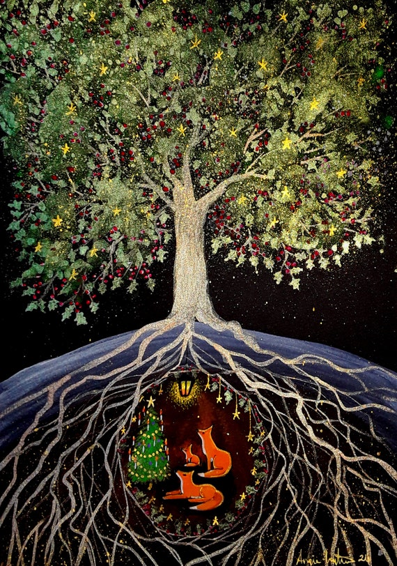 Yule, Christmas, Holly Tree, Fox Print, Christmas Fox, Shimmering Print