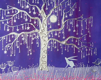 Mystical Hare Print - White Hare Art - Tree of Stars - Hare and Moon Print