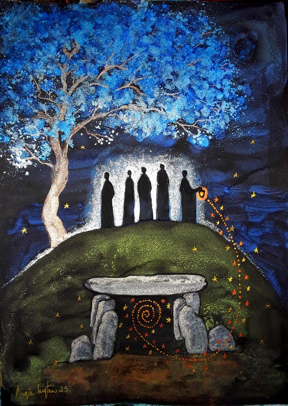 Night of the Ancestors, A5 Print, Pagan Print, Long Barrow, Burial Mound, Mystical Print, Dreamy Art