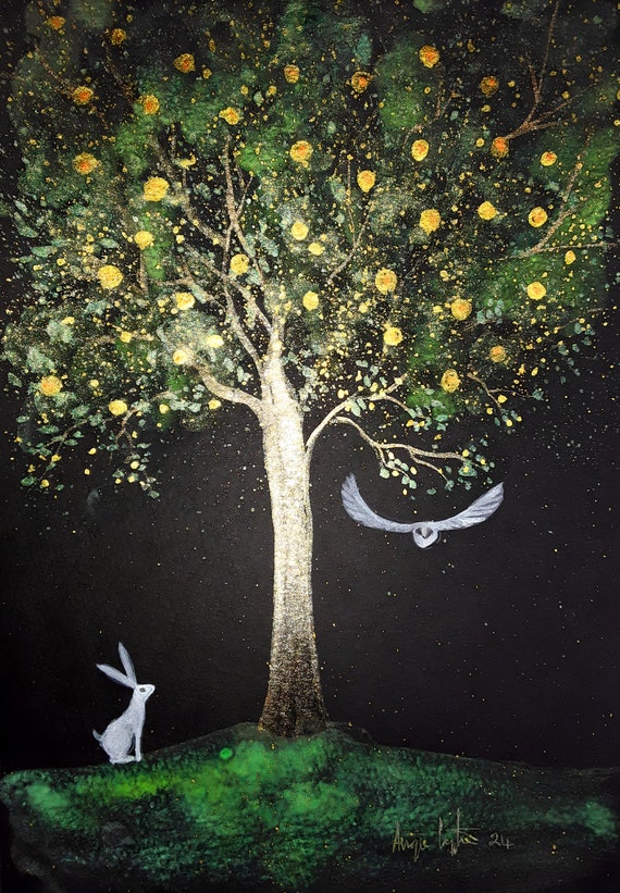Mystical Print, Apple Tree, White Hare, White Owl, Shimmering Print, Quality Print