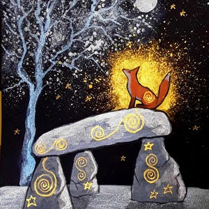 Roi renard, renard mystique, dolmen, menhirs, païen, art renard, impression mystique