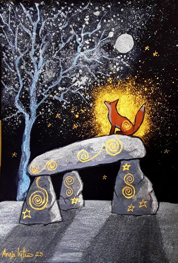 Fox King, Mystical Fox, Dolmen, Standing Stones, Pagan, Fox Art, Mystical Print