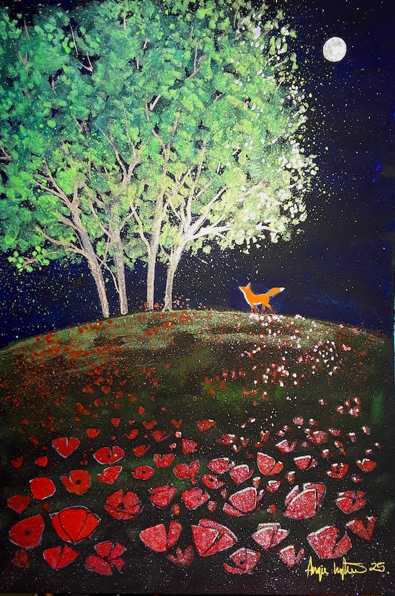 Moonlit Poppies, Poppy Print, Summer, A4 print, Poppy Art