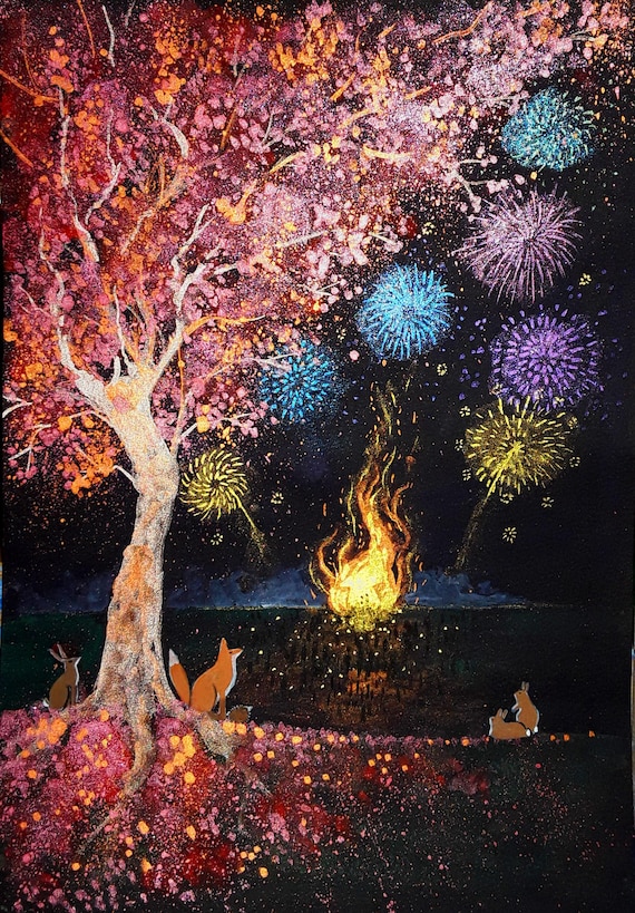 Bonfire Night, Guy Fawkes, Fireworks, 5th November, Autumn Print, Fox, Fireworks Print