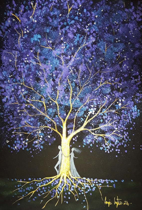 Lovers beneath the Purple Tree, Romantic Print, Mystical Art, Love, Romance, Couple