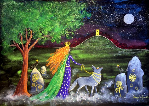 Misty Path to Avalon, A4 Print, Glastonbury Tor, Goddess, Wolf, Standing Stones