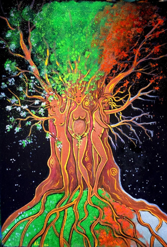 Triple Goddess, Maiden, Mother, Crone, Tree Goddess, A4 Print, Sacred Feminine