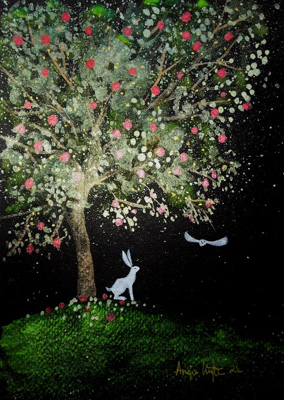 Apple Tree, Tree Print, Mystical Print, White Hare, White Owl
