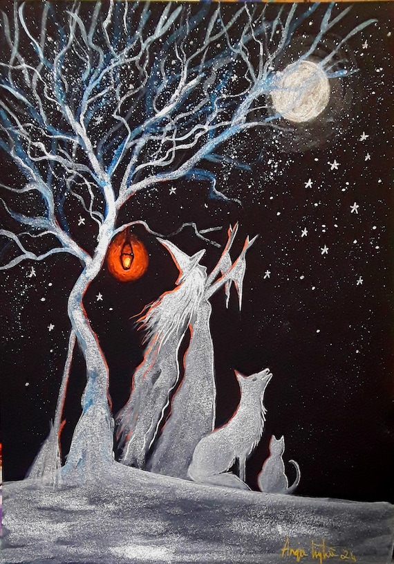 Winter Witch, Witch Print, Witch and Wolf, Moon Witch, Witch Gift, Mystical Print