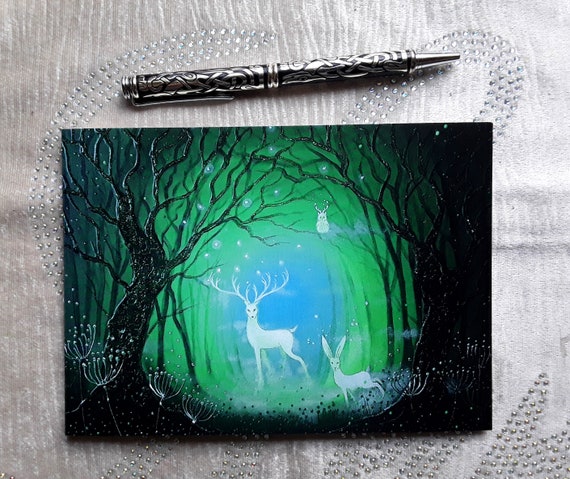 Mystical Forest card - Mystical Stag - Forest Gods - White Stag - White Hare - Pagan - Wiccan