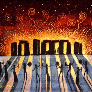 May include: An acrylic painting of Stonehenge at dusk. Figures are silhouetted against the monument, holding objects aloft. The sky is a fiery orange with swirling patterns above the stones. The artist's signature is in the lower left corner.