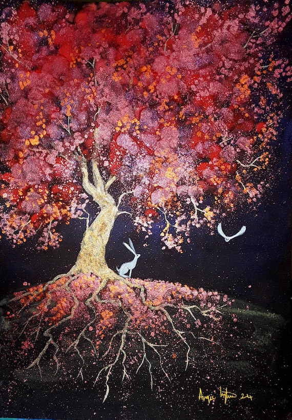 Autumn Tree, Fall Tree, Autumn Print, White Hare, Mystical Autumn