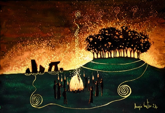 Summer Solstice, Solstice Fire, Midsummer, Longest Day, Pagan, Druid, Badbury Rings, A4 Print